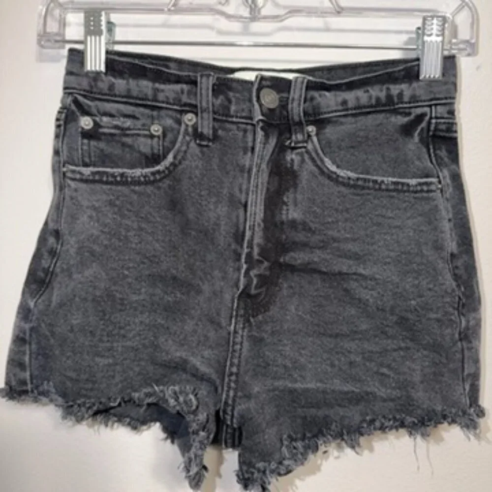 Abercrombie & Fitch High Rise Shortie Denim Shorts Black Raw Hem 00/24
